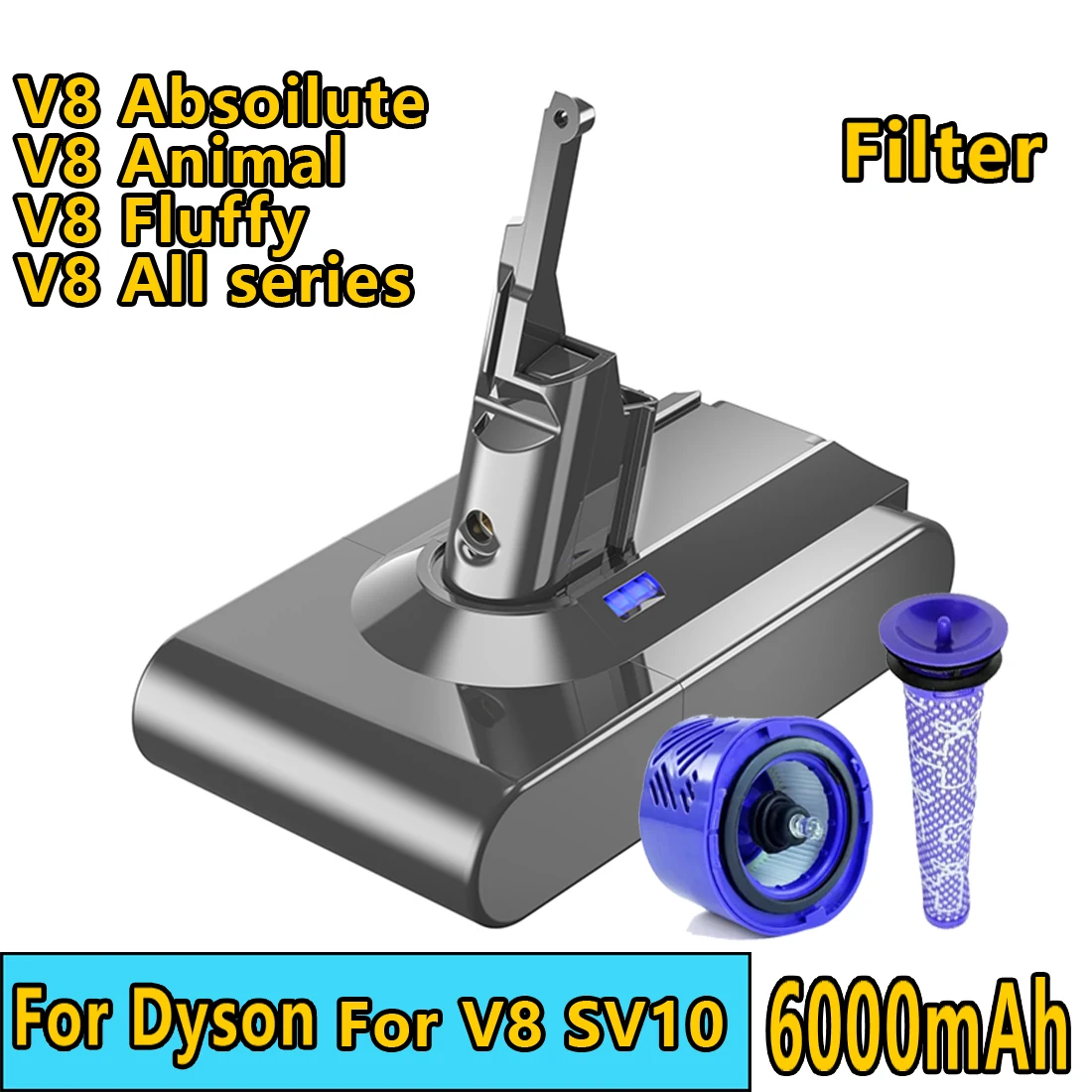 

Сменный литий-ионный аккумулятор для Dyson V8, 21,6 в, 6000 мАч, 2 фильтра