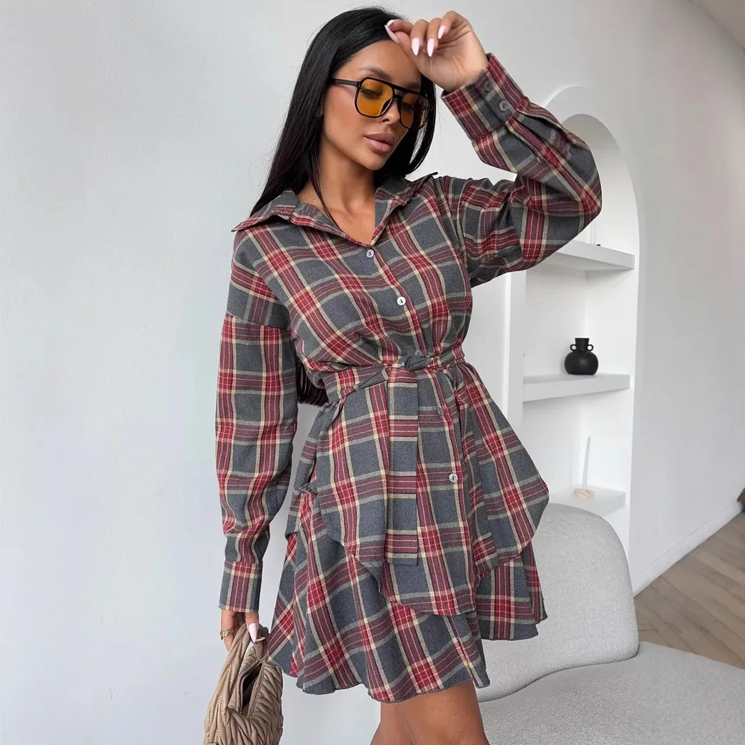 

Casual Plaid Skirt Two Piece Set Women Loose Long Sleeve Shirt High Waist Mini Skirts 2 Piece Sets Fashion Commuting Outfit Suit