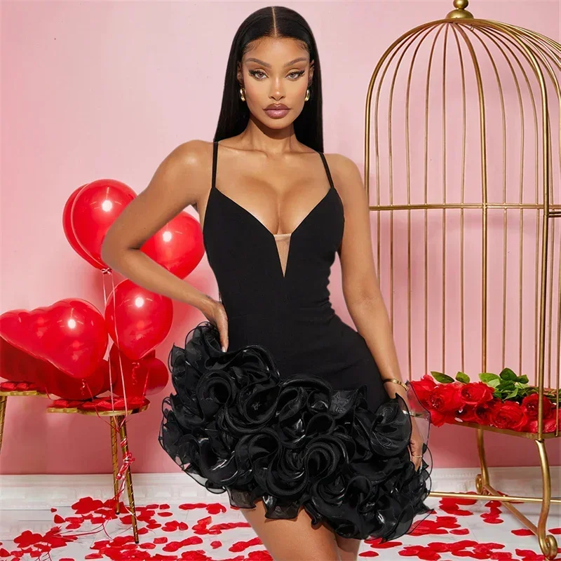 

Sexy Spaghetti Strap V-neck Cocktail Party Dresses Women Clubwear Birthday Sleeveless Asymmetrical Cascading Ruffles Prom Dress