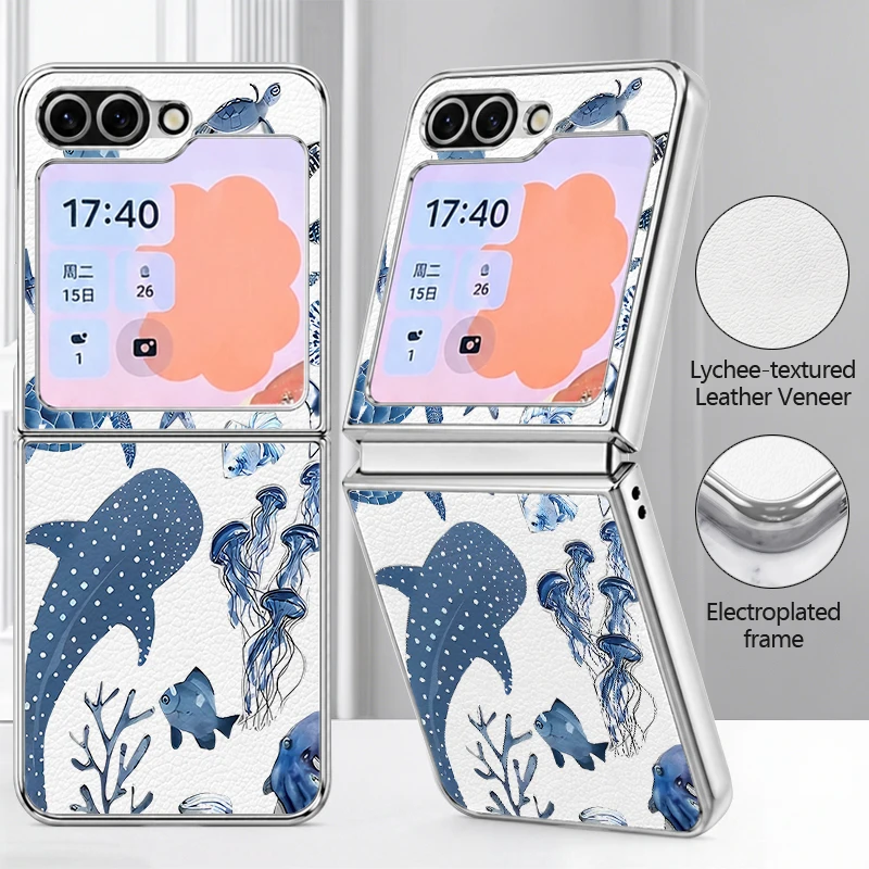 Whale Planet Print PU Leather Phone Case For Samsung Galaxy Z Flip7 FE Flip6 Flip 7 6 5 5G Silver Plating Frame Hard Back Cover