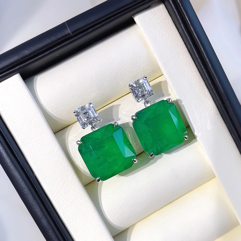 New S925 Tremella Jewelry Female Emerald Earrings Temperament 15*15 Earrings Jewelry Accessories