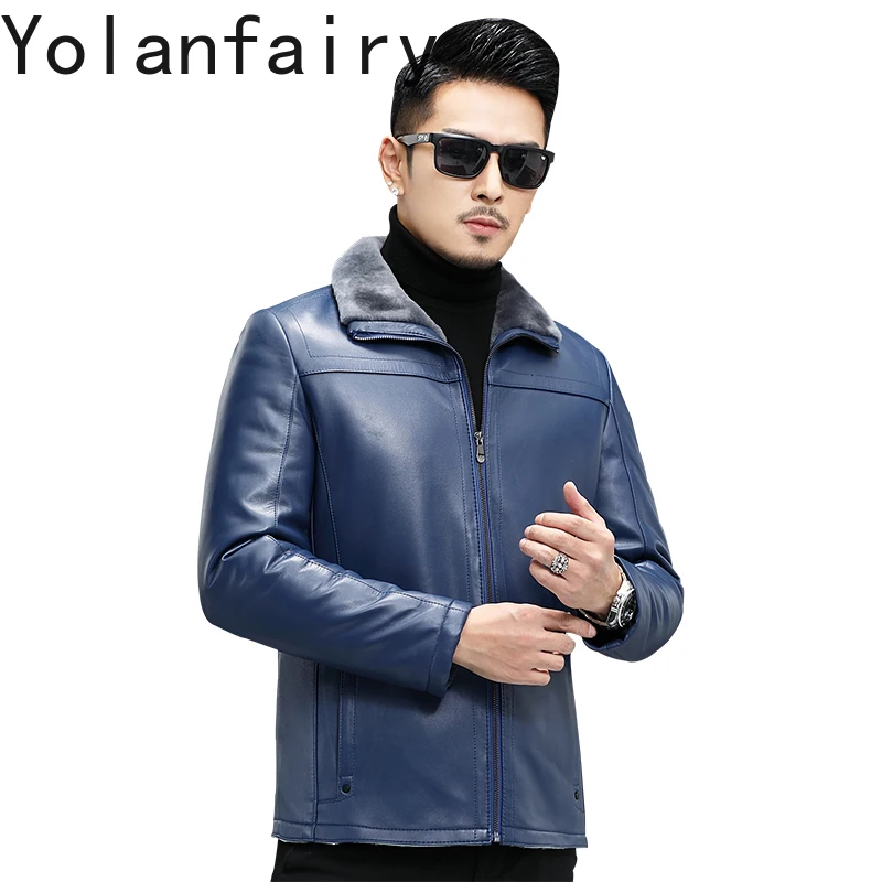 

YOLANFAIRY Genuine Sheepskin Leather Jacket Men Winter 2025 Fashion Real Fur Coat Wool Lining Blue Leather Coat Casaco Masculino