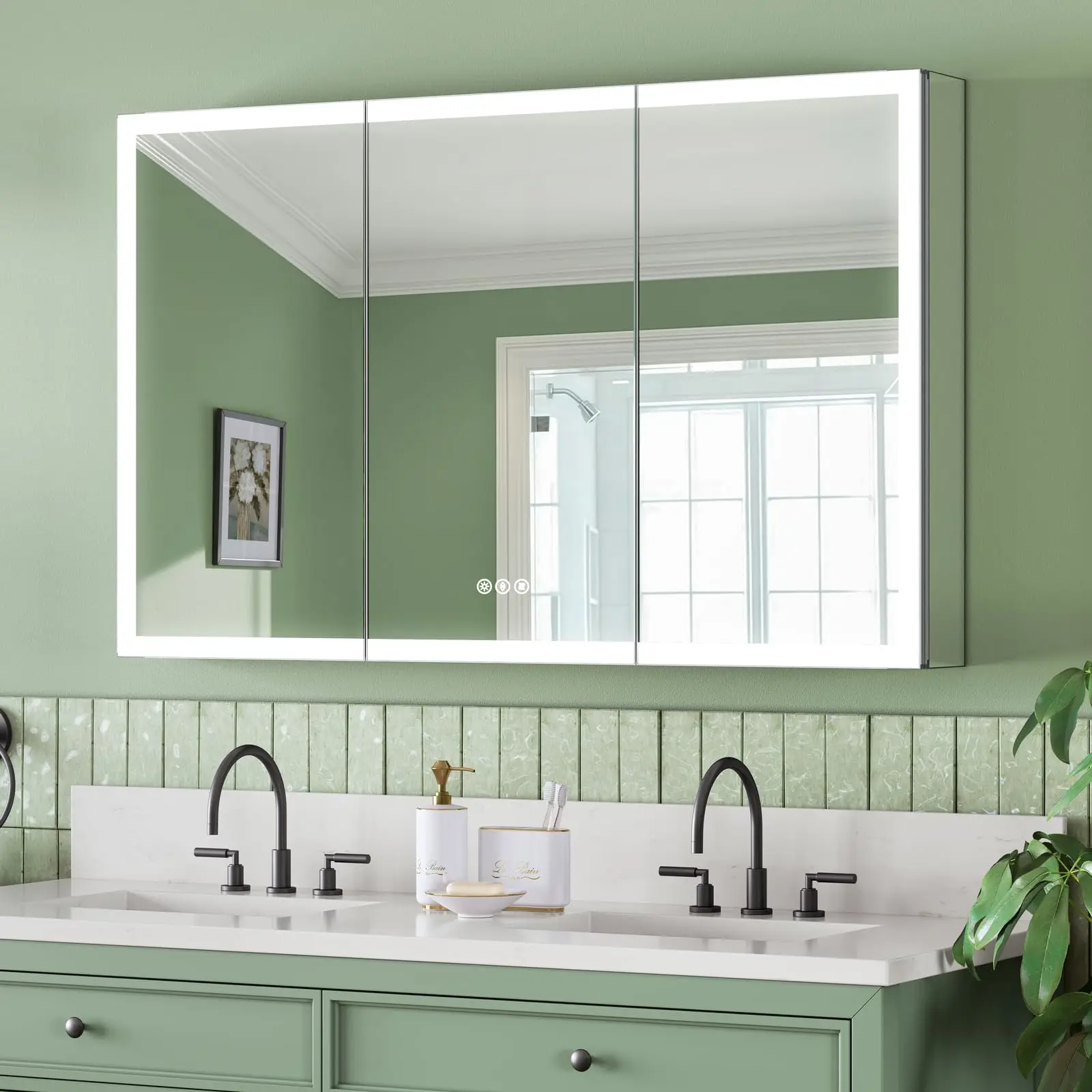 48x30 Inch Lighted Medicine Cabinet with Mirror, AL Alloy Frame, Plug-in or Hardwired, Recessed or Surface Mount, 3