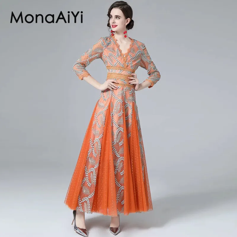 MonaAiYi-vestido de baile vintage para mulheres, vestido bordado, vestido oco, decote em v, manga três quartos, ocasião formal, outono