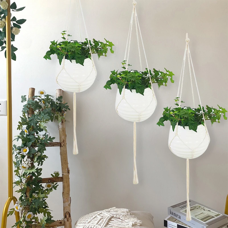 

Green Plant Hanging Basket Cotton Rope Handmade Plant Hanger Flower Pot Macrame Pot Pocket Wall Boho Courtyard Home Decoration