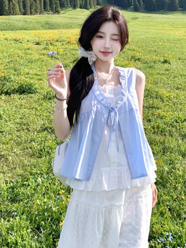 Sommer Baby Licht Milch Blau Puppe irt Frauen Design Sinn Gefälschte Zwei-Stück Holz Süße Sle Svel Bluse