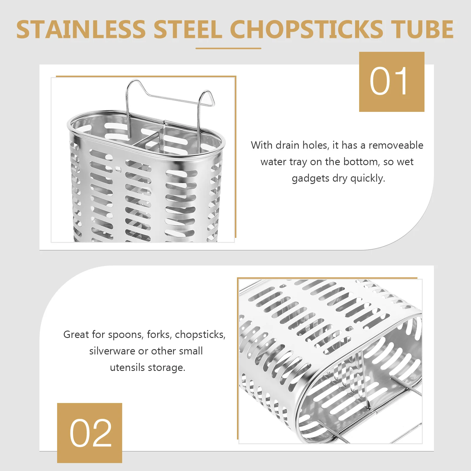 

Chopsticks Holder Stainless Steel Utensil Organizer with Removable Water Tray Countertop Flatware Storage Rack Kitchen Tool