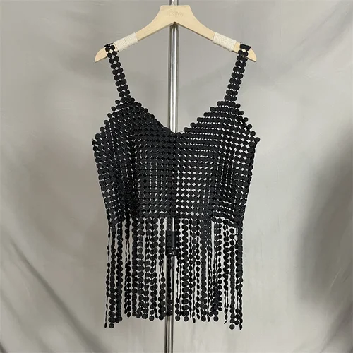 Imagen 1 del producto Boring Honey-Top corto con borlas de encaje para mujer, blusa ahuecada de color sólido, cuello en V, combina con todo, ropa de verano