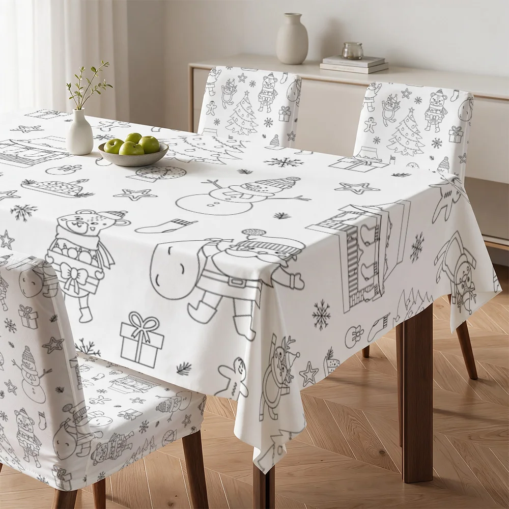 Cute Cartoon Christmas Theme Tablecloth and Chair Covers for Dining Room Holiday Decor