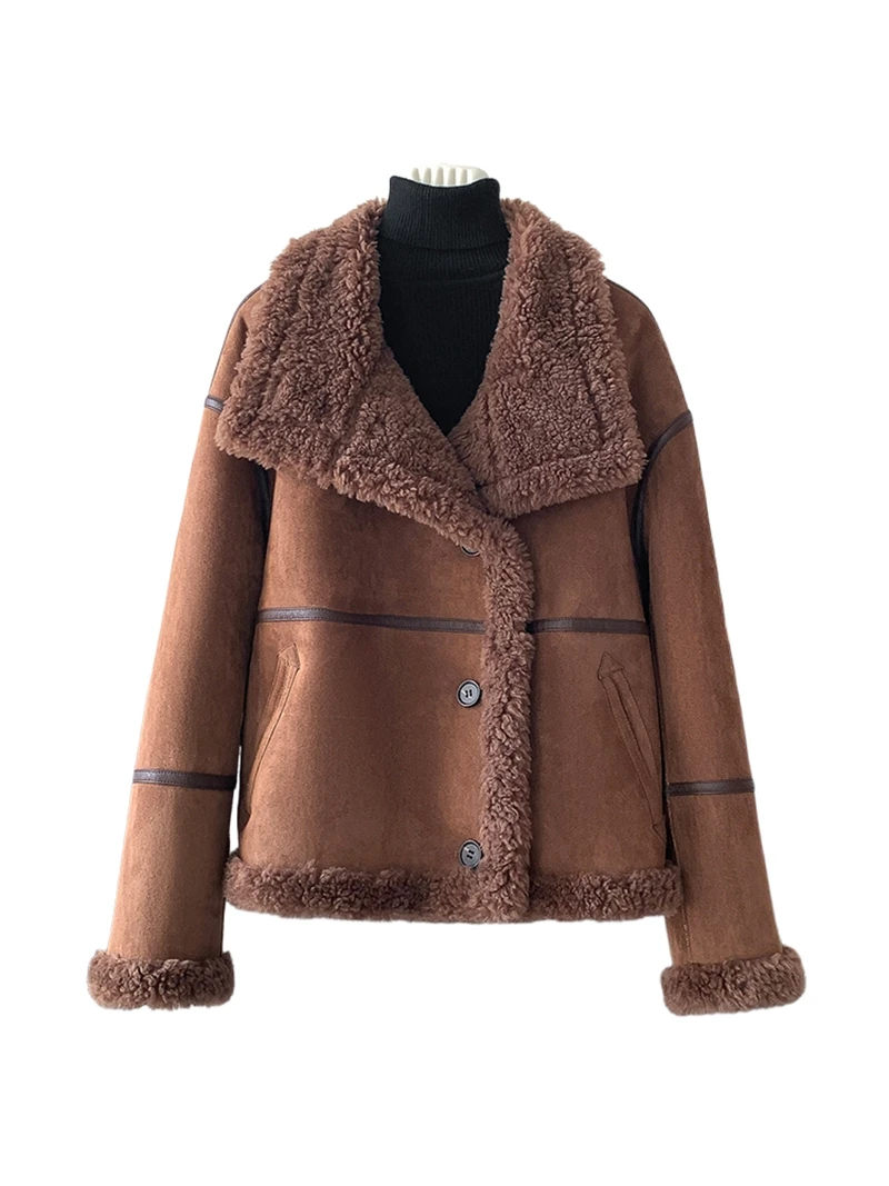 

Цельное шерстяное и меховое пальто для женских мотоциклов, мех из овечьей кожи, новый стиль 2025 года, гранулированный флис из натуральной шерсти, флис крой.