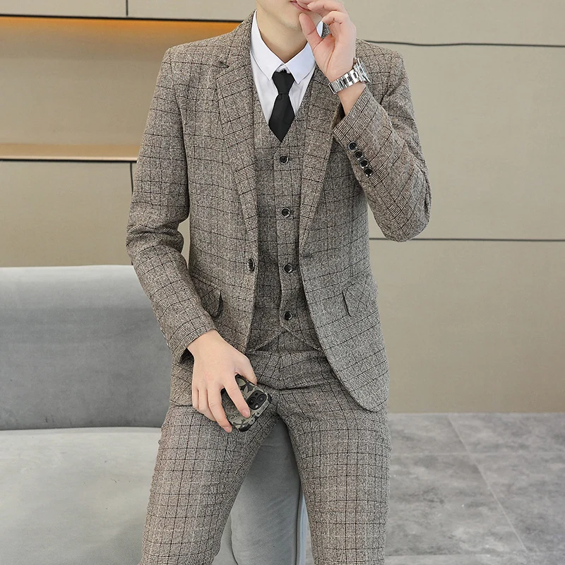 

Костюм (пиджак + жилет + брюки) Мужская модная деловая уличная официальная одежда, профессиональный свадебный костюм жениха и шафер, повседневный костюм