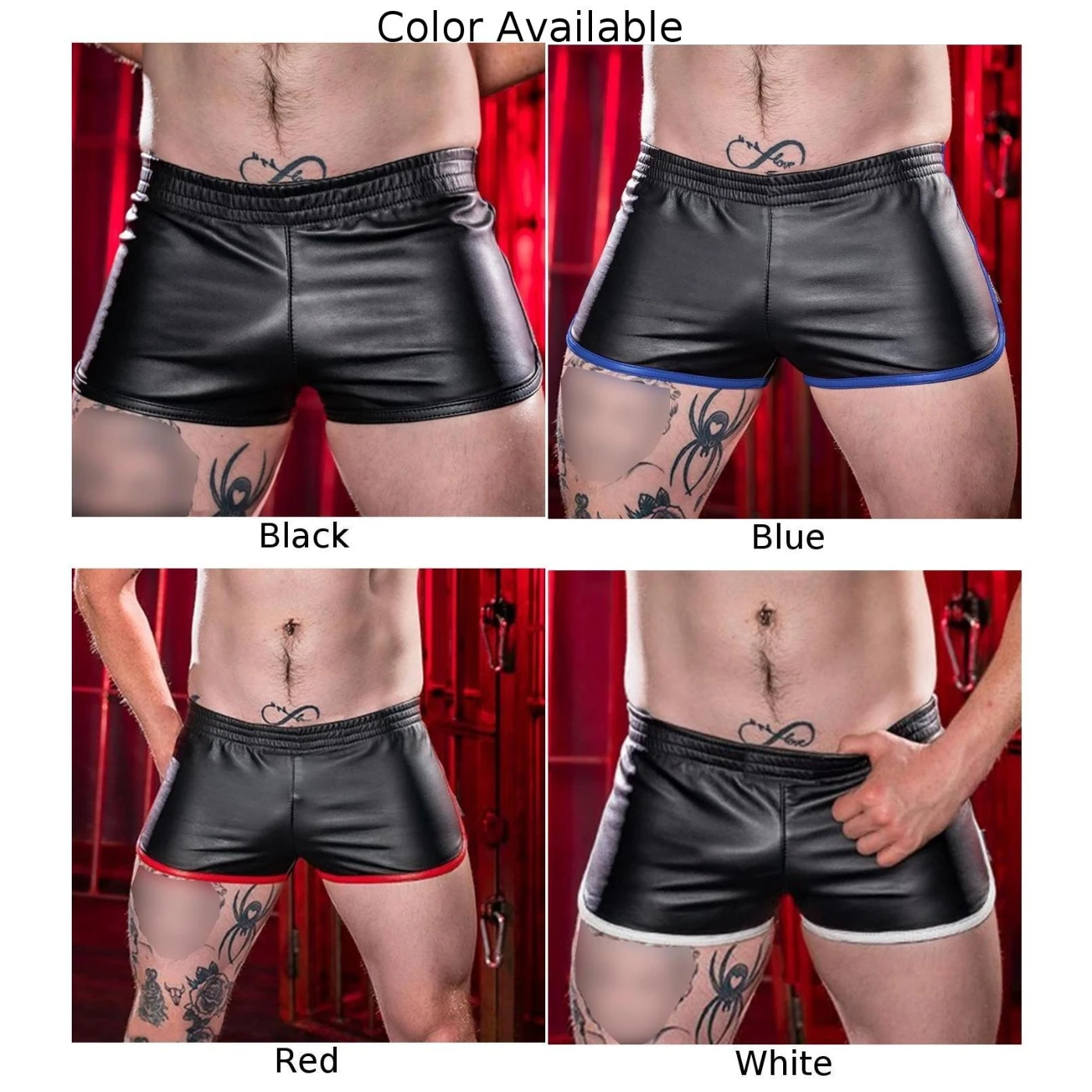 Mens Sexy Leather Shorts U Convex Low-Waist Male Panties PU Leather Underpants Sport Shorts Punk Style Clubwear