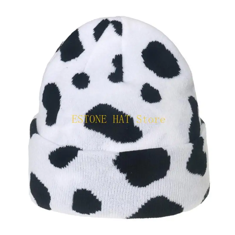 49MF Simple Fashion Cow Leopard Print Knit Hat Thick Travel Photo Boys Girls