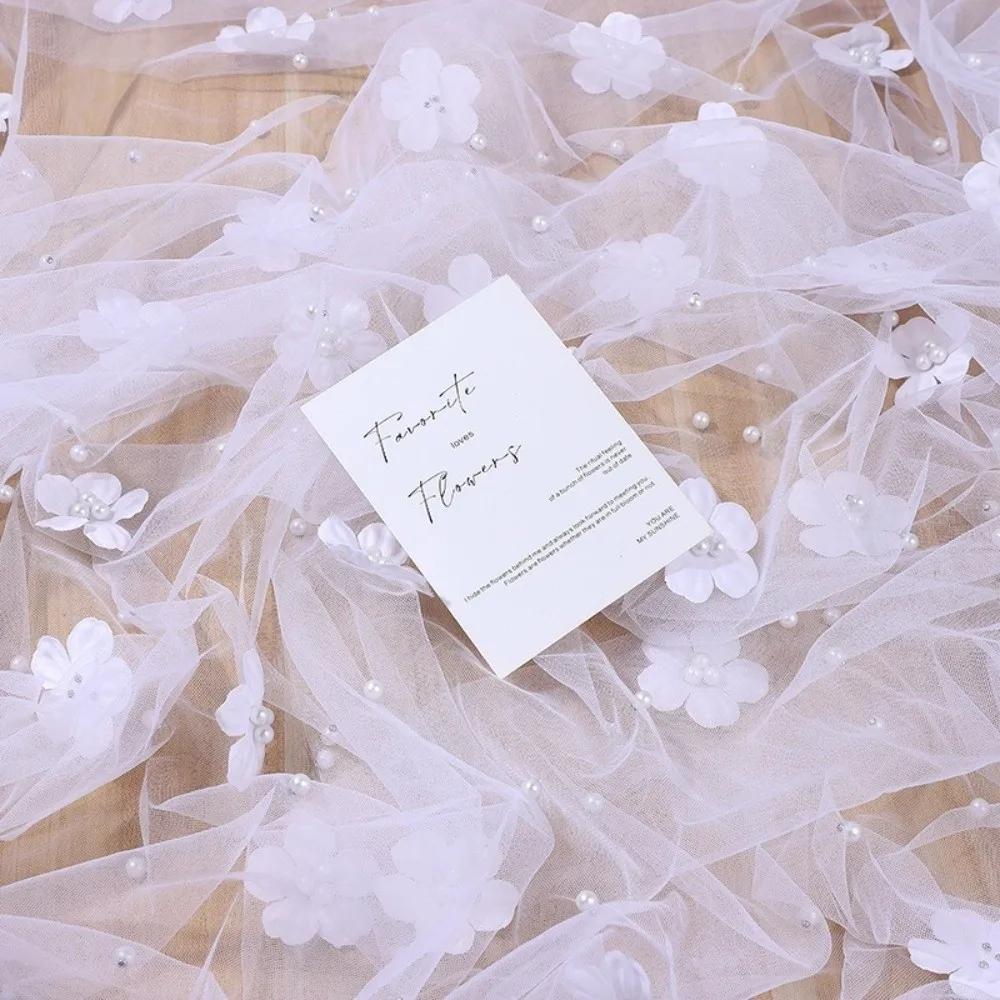 Elegant Flower Pearl Tablecloth Romantic Pearl Embellishments Tulle Fabric Tablecloth Semi-Transparent Decorative