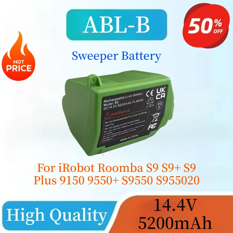 

100% New 14.4V 5200mAh ABL-B Rechargeable Sweeper Lithium Battery for iRobot Roomba S9 S9+ S9 Plus 9150 9550+ S9550 S955020