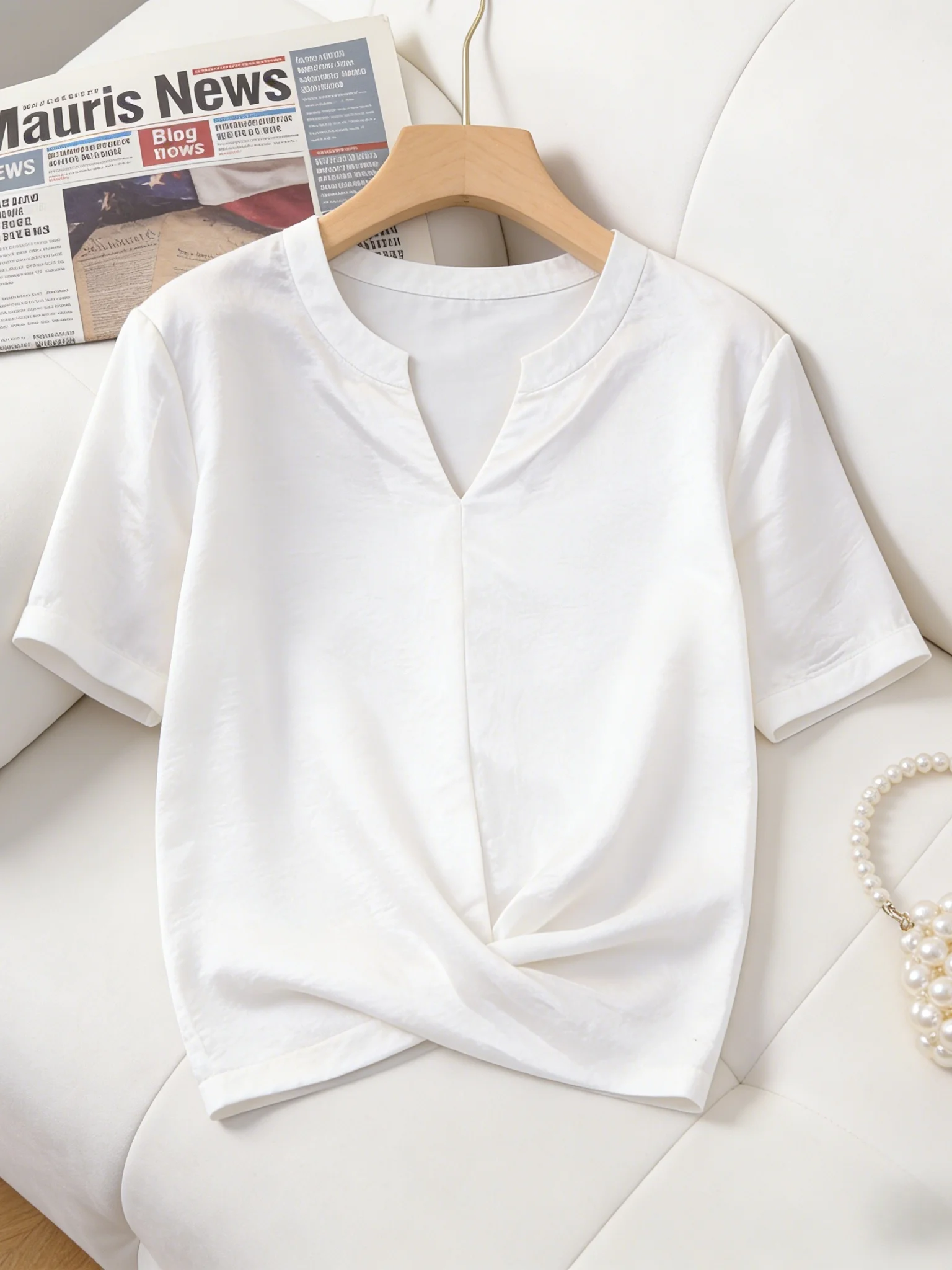 

Loose Fit Short Sleeve Women's Shirt Breathable Cross Hem V Neck Casual Comfortable Korean Style Pure Color Summer New Arrival