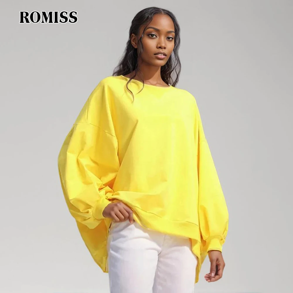 

ROMISS Loose Minimalist Spring Sweatshirt For Women Round Neck Batwing Sleeve Casual Black Tops Female Fashion New 2024