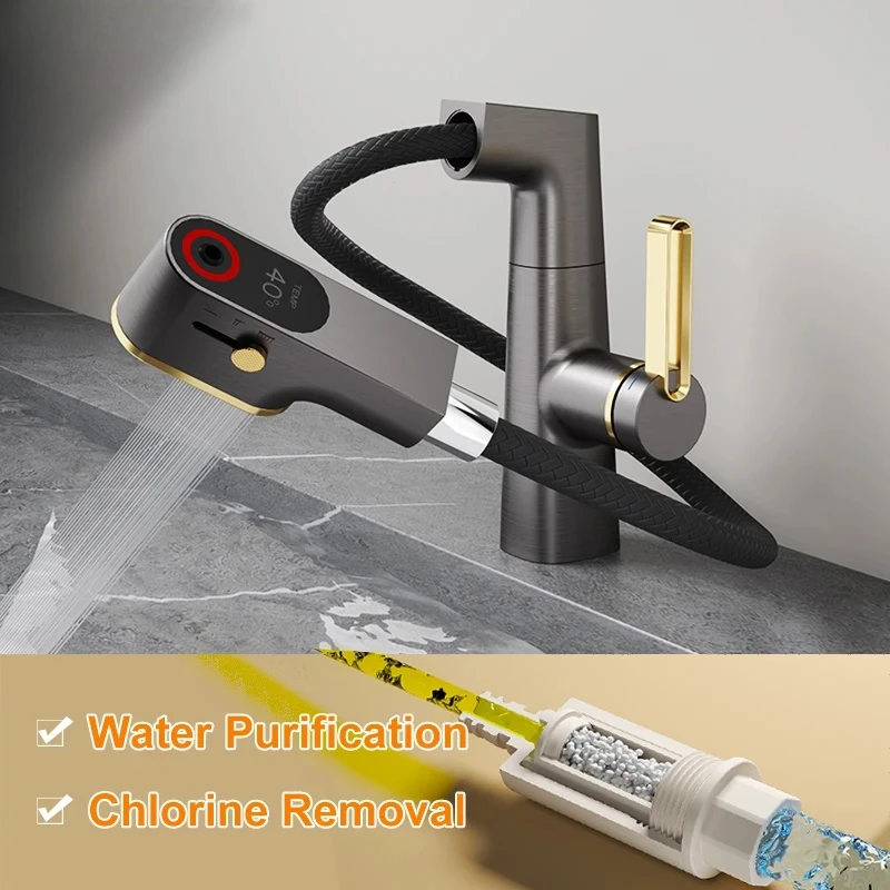 

Multifunctional Bathroom Faucets Pull Out Basin Mixer Sink Faucet Gourmet Temperature Tap 360° Tapware Crane Brass White