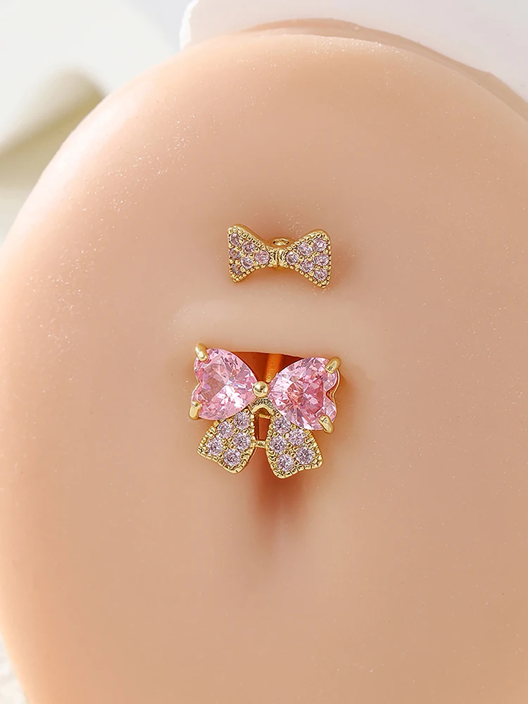 KUNIU 1PC luxury y2k pink zirconium flash bow belly button ring for women's body piercing jewelry navel nail belly decoration