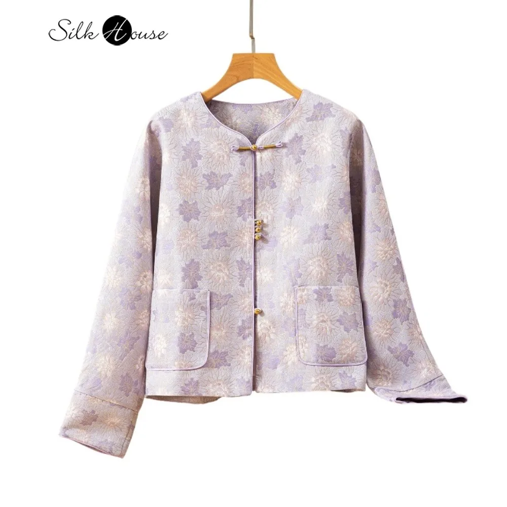 

2025 женская модная осенняя одежда из натурального шелкового шелка, парча Song, двубортное пальто с круглым вырезом, новое пальто в китайском стиле