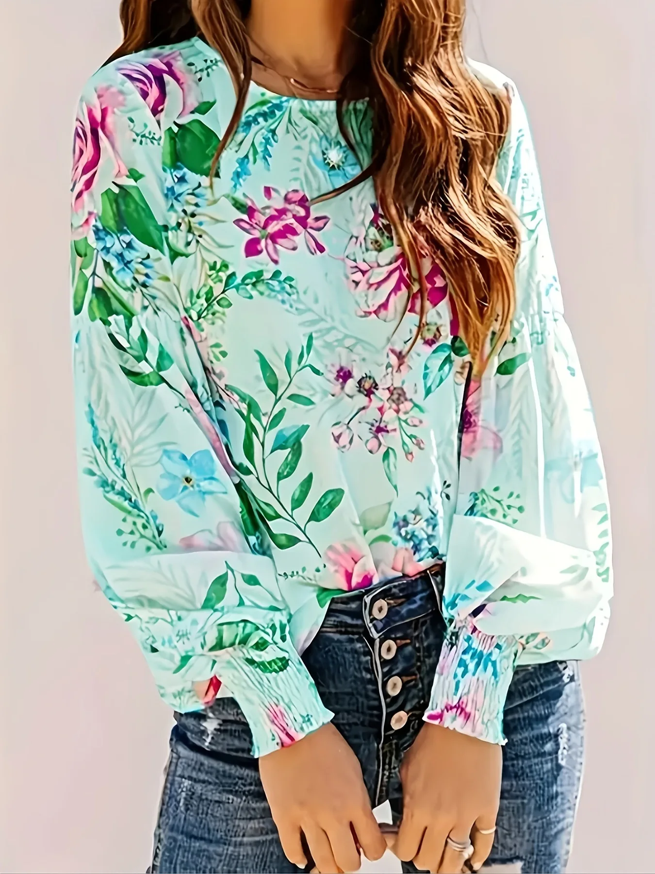 

2025 Spring graphic t shirts Long Sleeve O-Neck Floral Print tops for woman women's elegant blouses