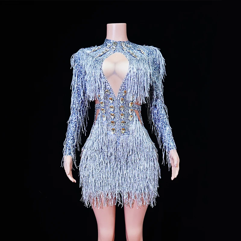 Sexy Sliver Fringe Performance Dance Costume Singer Dancer Stage Wear Sparkly Rhinestones Sequins Tassel Dress Birthday Outfit