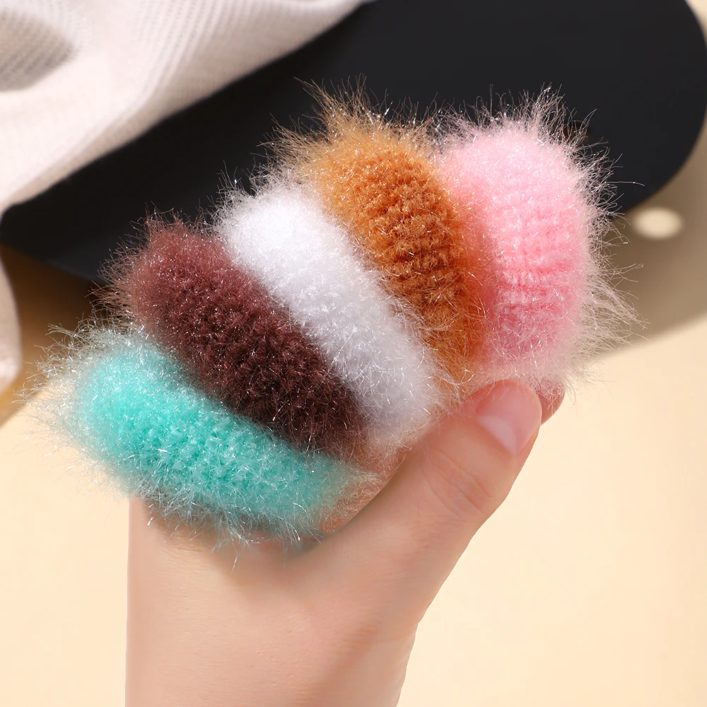 5pcs/bag Girls Mini Colorful Plush Hair Ring Fat Intestine Ring Baby Cute Hairy Head Rope Furry Rubber Band Hair Accessories