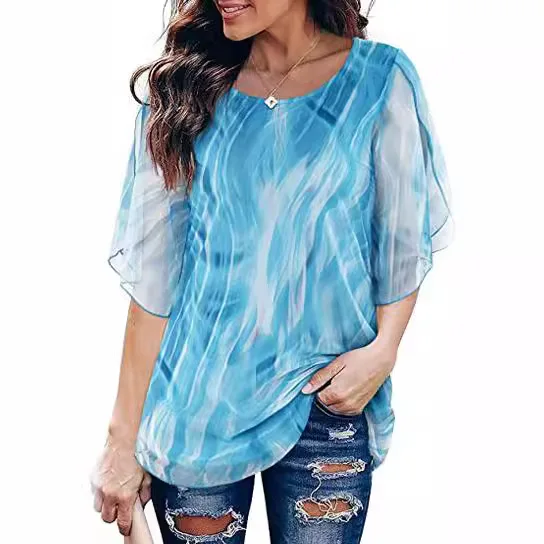 

Womens Print Blouses 2025 New Spring Summer Fashion Ruffle 3/4 Sleeve O-neck Loose Flowy Tops Stretchy Loose Femme Casual Shirts