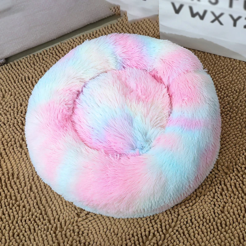 Round Tie-dye Plush Dog Bed Puppy Kennel Cat Cushion Washable Soft Small Medium Big Pet Cat Dog Sleeping Bed Winter Warm Mat