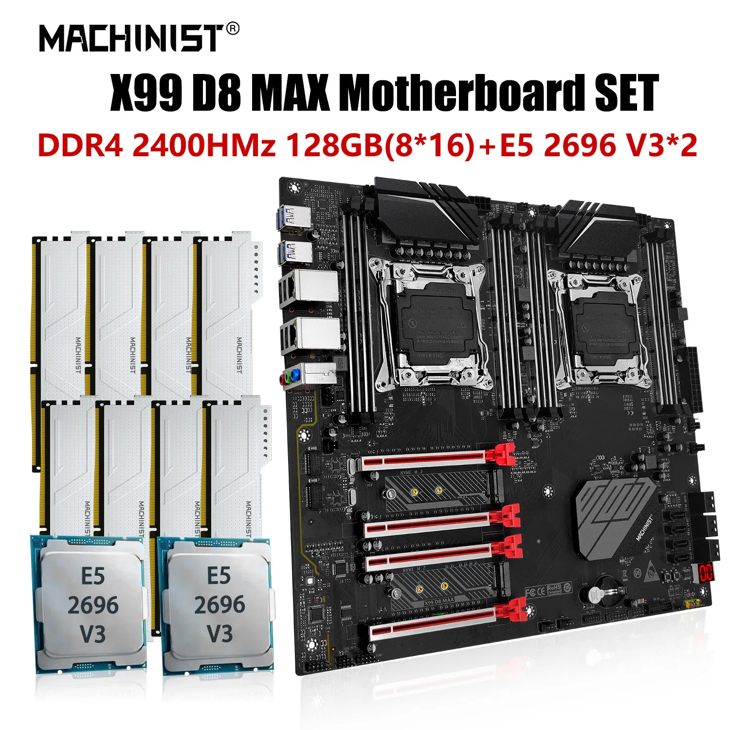 

Machinist X99 kit Motherboard LGA 2011-3 Xeon E5 2696 V3 dual CPU processor With DDR4 8*16GB RAM memory Set E-ATX 8-slot D8 MAX