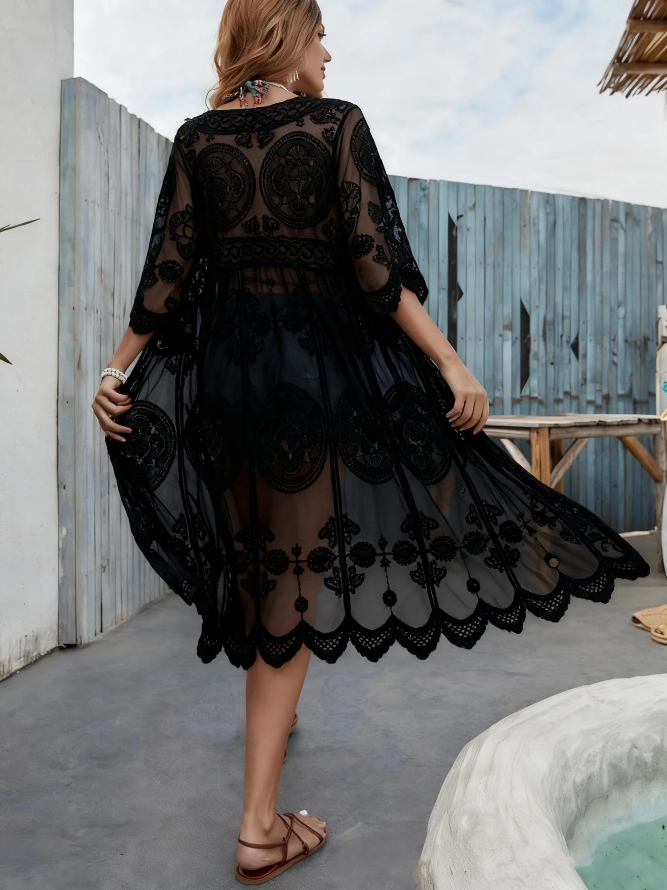 البوهيمي سيدة بيكيني للشاطئ التستر شير مطرزة الدانتيل رابطة عنق على شكل حرف v صبغ خفيفة الوزن سترة عطلة ملابس خارجية الشمس حماية