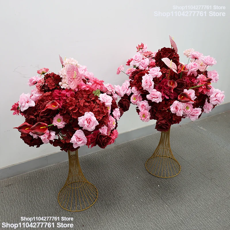 Künstliche burgunderrote rosa Rose 5D Hochzeitstisch-Mittelstück Blumenball Seidenhortensie Anthurie Blumenstrauß Event-Party-Dekoration – Detail 2