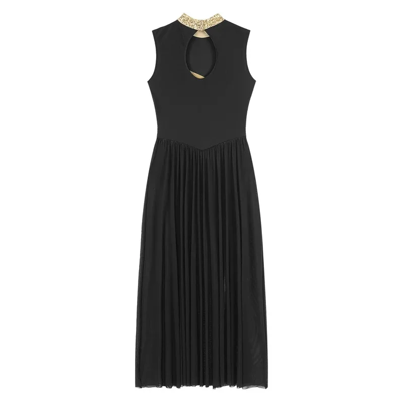 فستان رقص غنائي نسائي برقبة وهمية بدون أكمام مع فتحة خلفية لامعة ترتر سبليت فستان أداء المسرح زي Dancewear