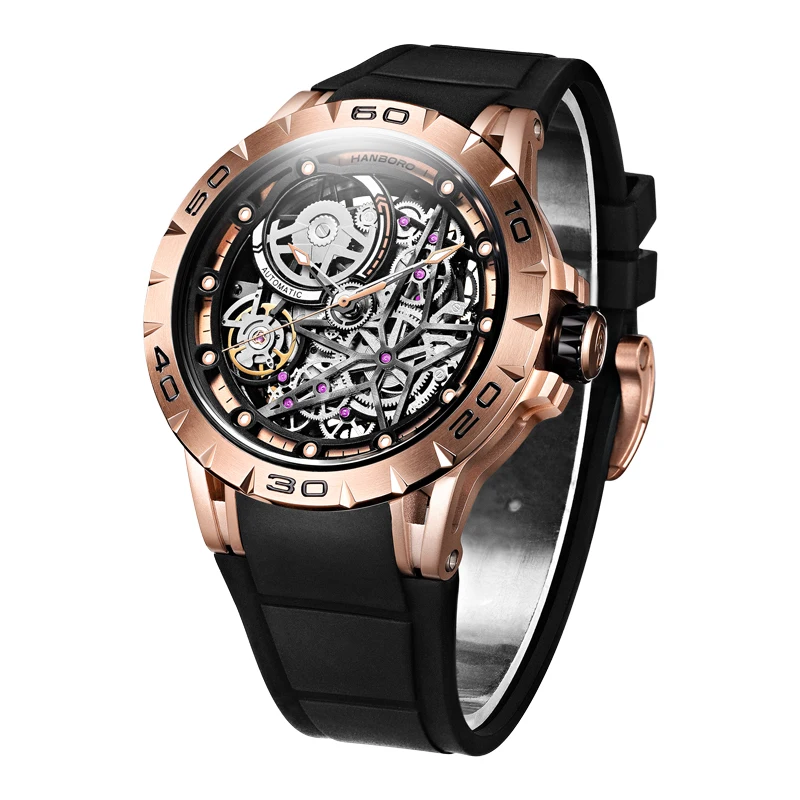 

HANBORO Men Watch Luxury 45MM Automatic Watches Mechanical Wristwatch 50m Waterproof Luminous Skeleton Rubber Strap