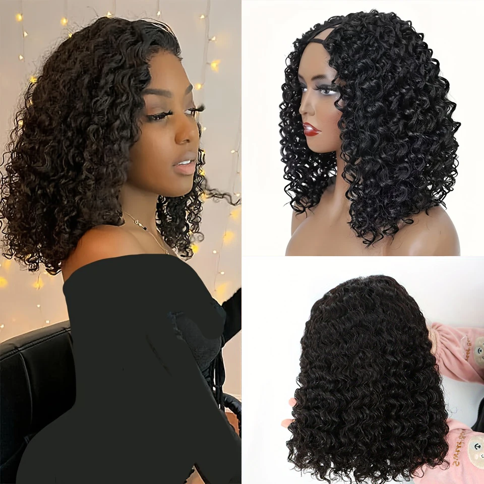 

Aircabin V Part Bob Deep Wave Wig 100% Human Hair Curly Wave Short Bob Wigs No Leave Out Upgrade U Part Machine Made Bob Wig