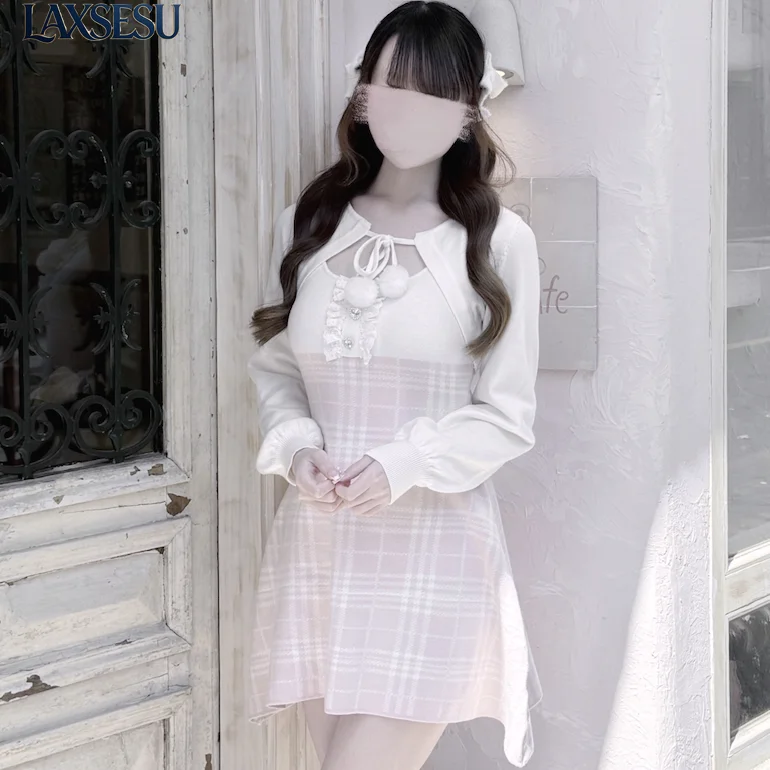 2026 Autumn New Production Japanese Exquisite Girls' Dresses Sets Grid Pattern Waist Slimming Knitted Dress Two Piece Set