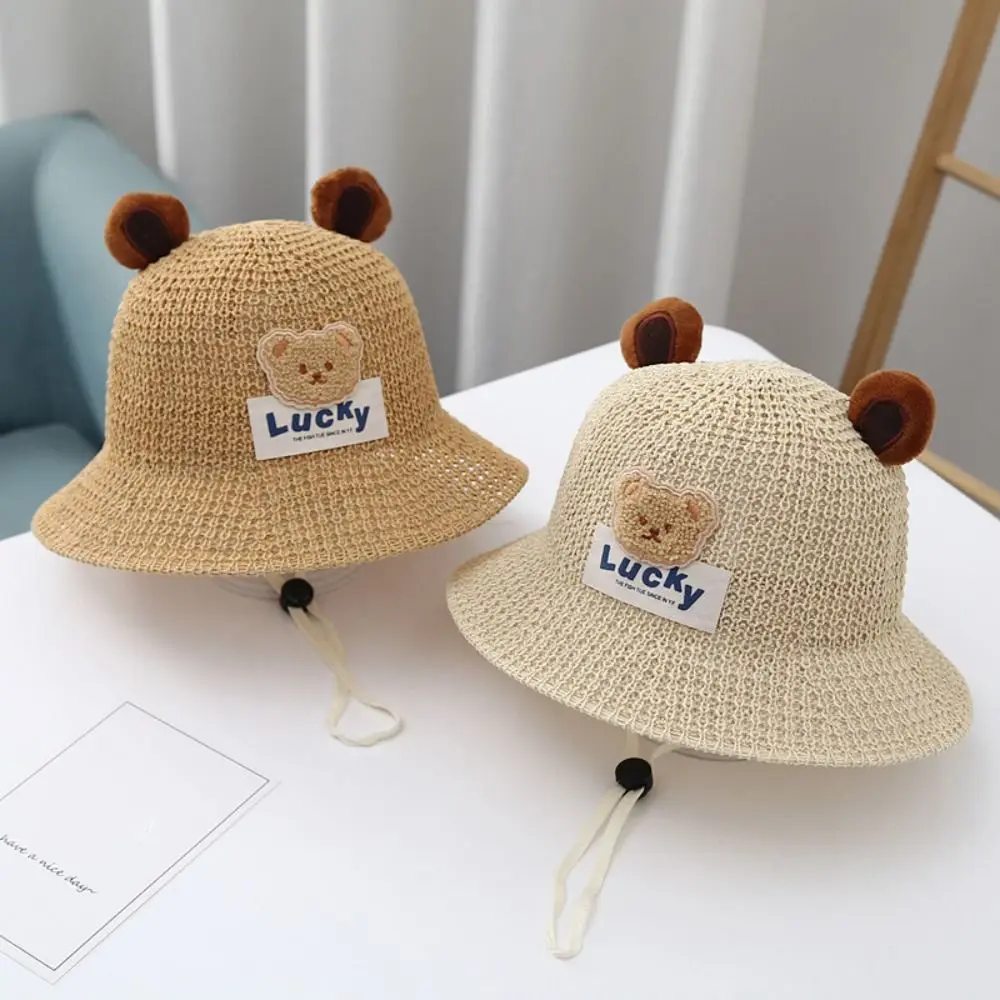 Bear Children Sun Hats With Lacing Pastoral Style Vacation Straw Hat Sunshade Sunscreen Fisherman's Hat Girls And Boys