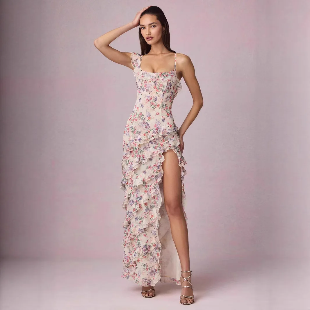 

2025 New Sweet and Gentle Ruffle Floral Strap Dress for Women Summer Versatile Slim Fit Long Dress Dress Robe Vestido Women