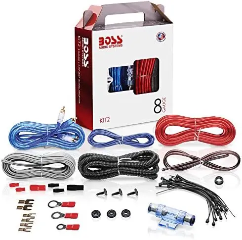 

BOSS KIT2 8-Gauge Car Amp Wiring Kit – Power, Ground, Speaker Cables & Terminals