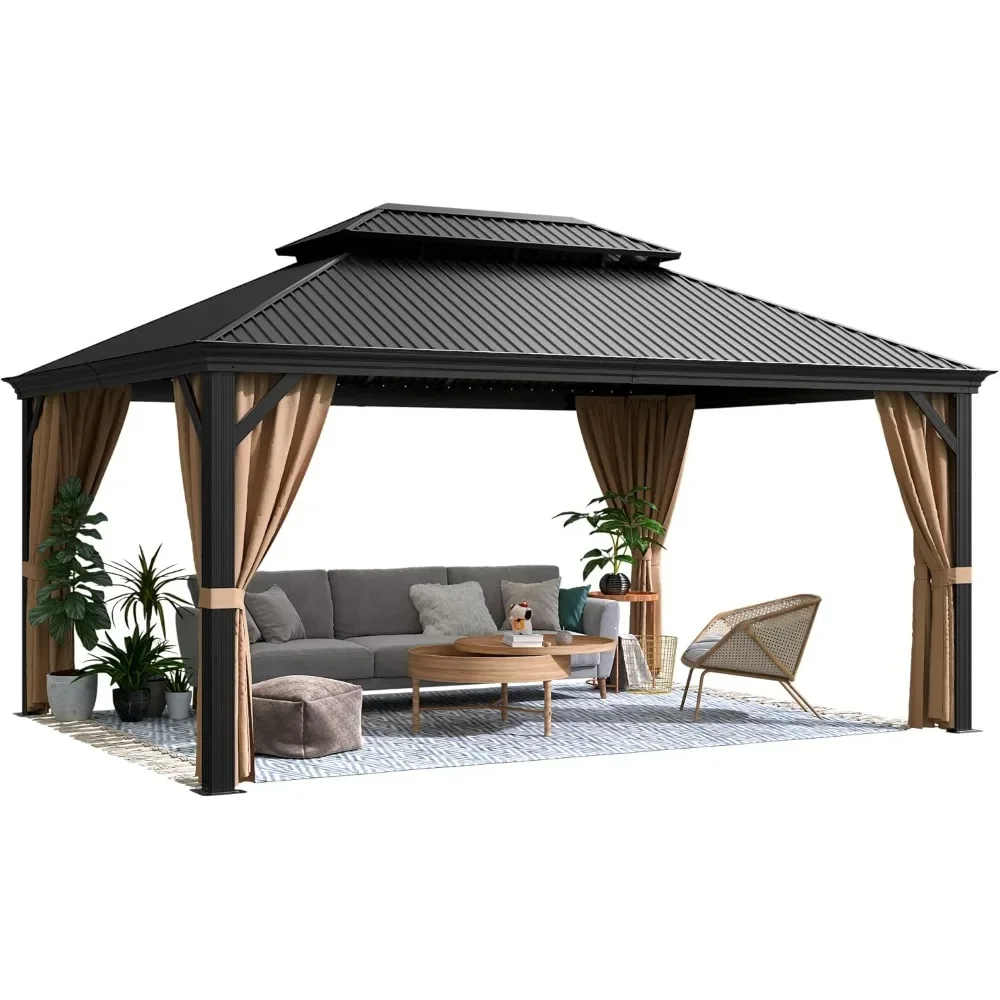 12' X 16' Gazebo Aluminum Frame Outdoor Gazebos with Privacy Curtains and Gauze Mesh Sunshade Pavilion Double Roof Canopy