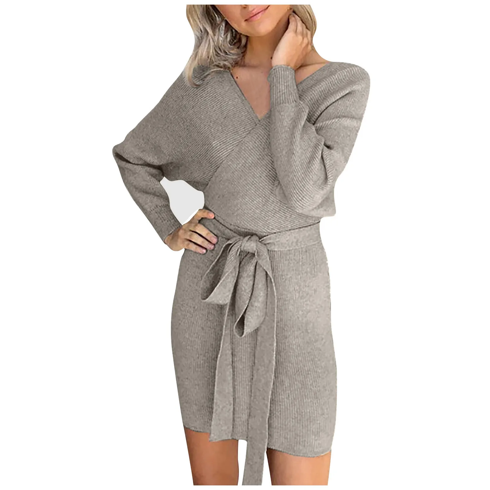 2025 New Sundresses for Women Casual Beach Women's Fashion Knitted Long Sleeve V-Neck Sexy Hip Wrap Warm Sweater Dress