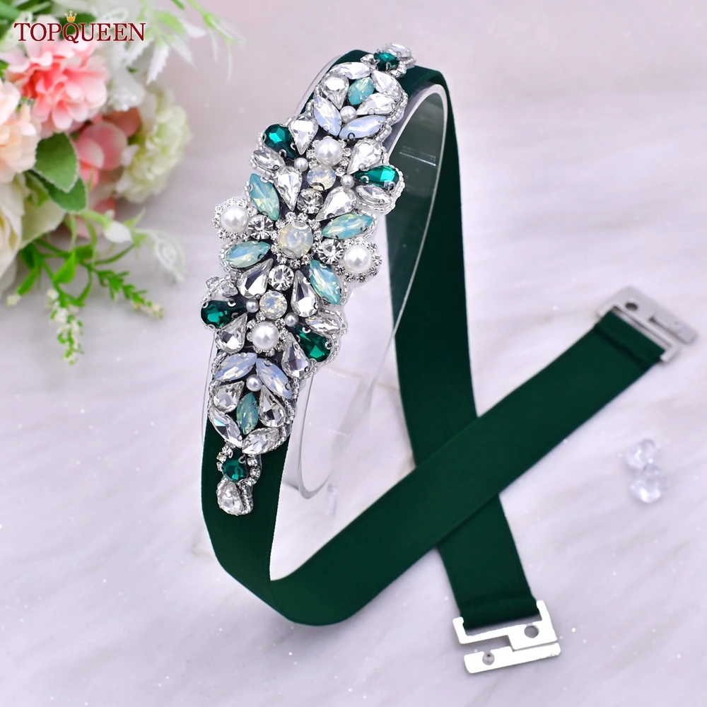 TOPQUEEN S443 Women Elastic Belt Bridal Fashion Green Rhinestone Party Evening Dresses Stretch Sash Wedding Accessory Waistband