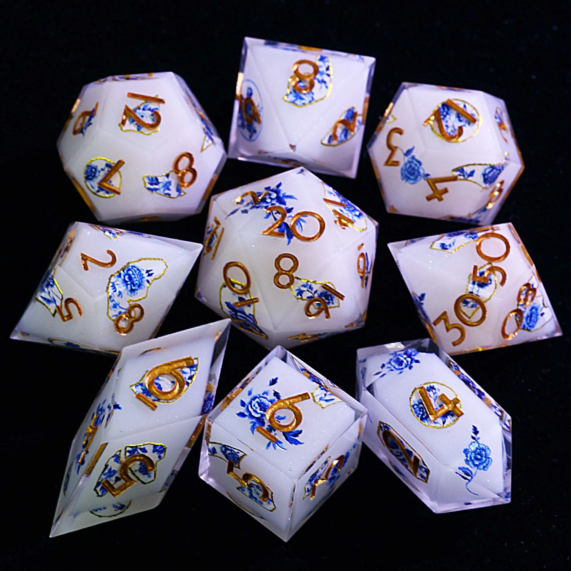 

9 Polyhedral Resin Sets D&D Dice Gilded Blue and White