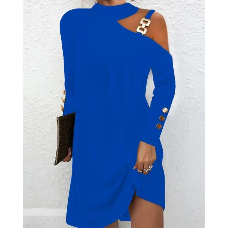 Fashion Asymmetric Neck Collar Dress Chain Decor Solid color Long Sleeve with Button Halterneck Short Dresses Daily 2026 Summer
