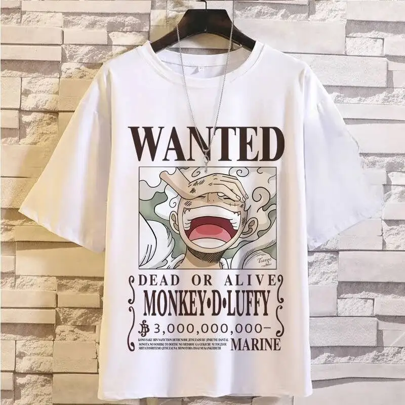 Camiseta de una pieza 2025 Camiseta de anime de algodón blanco Monkey D Luffy Wanted Poster $3B Bounty Marine Text Estilo Manga japonés
