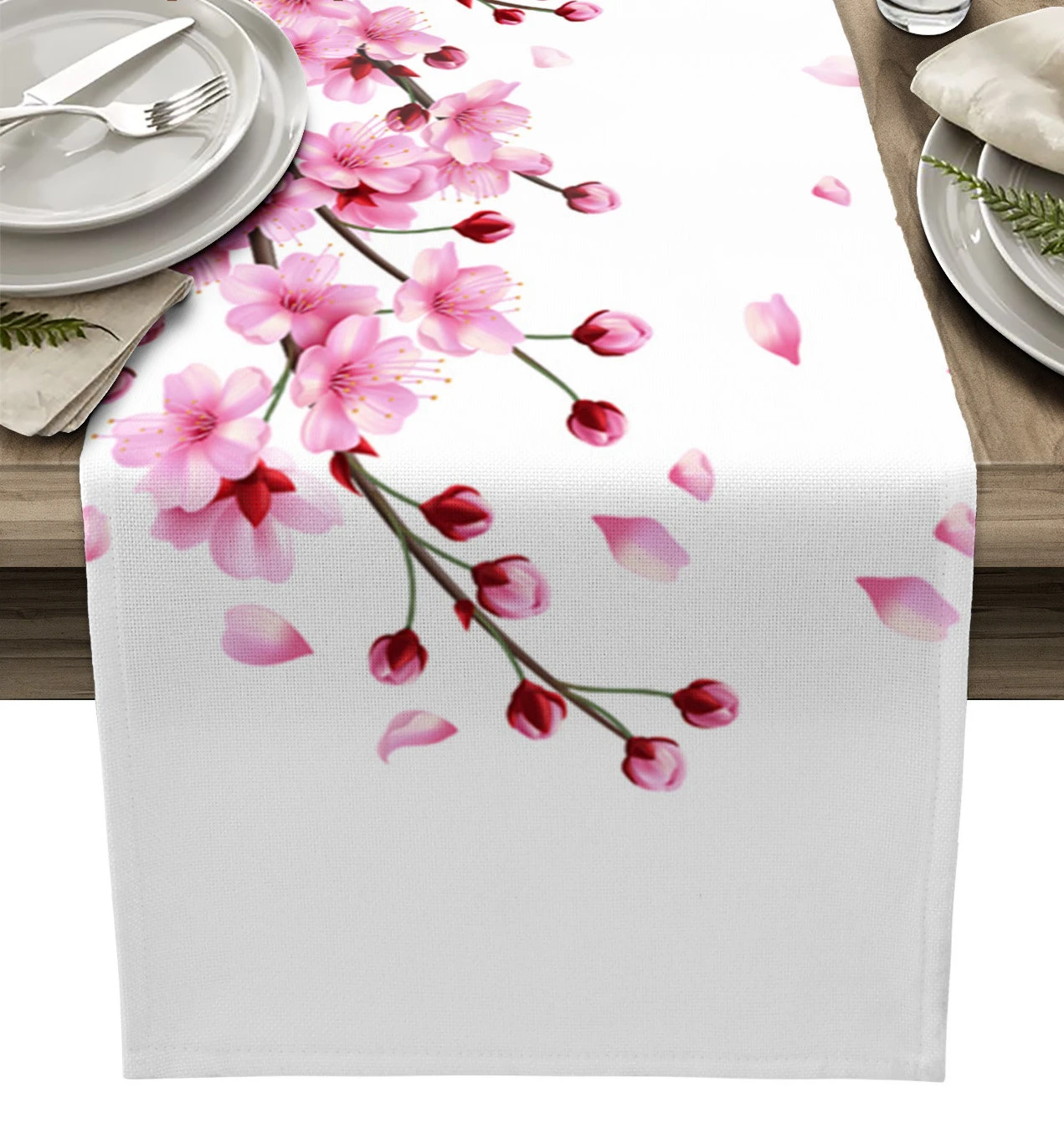 Spring Cherry Peach Blossom Branch Pink Flower Table Runner Home Wedding Table Mat Centerpieces Decoration Dining Tablecloth