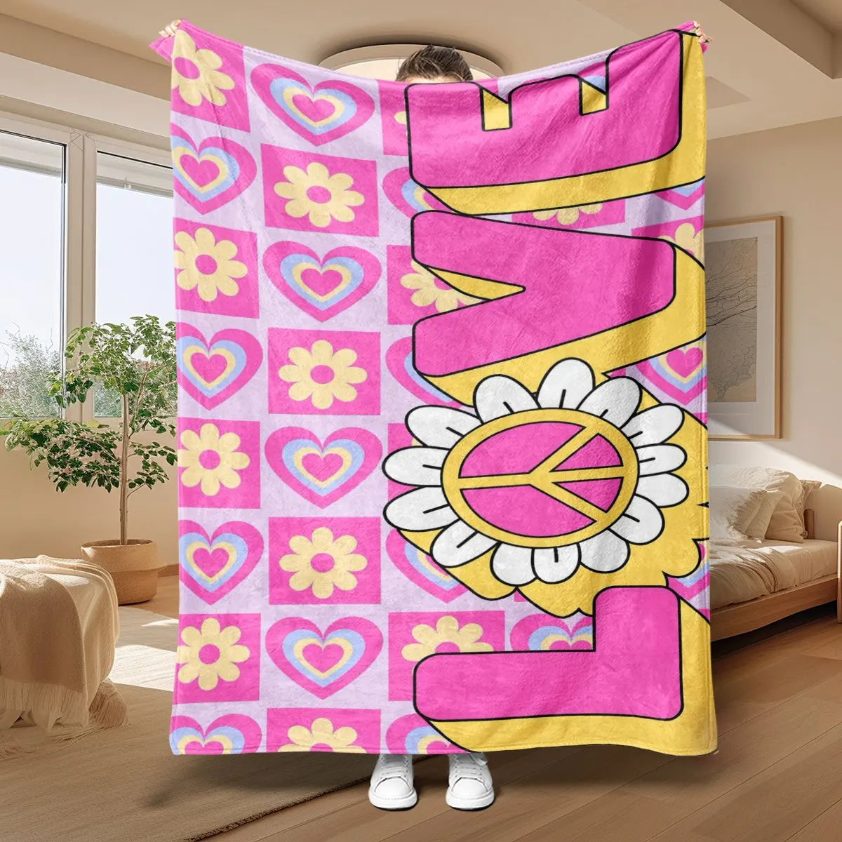 Cute Pink Yellow Love Peace Sign Heart Throw Blanket Oversized Decorative Cozy Cartoon Boho Print 150x200cm Machine Washable Dec