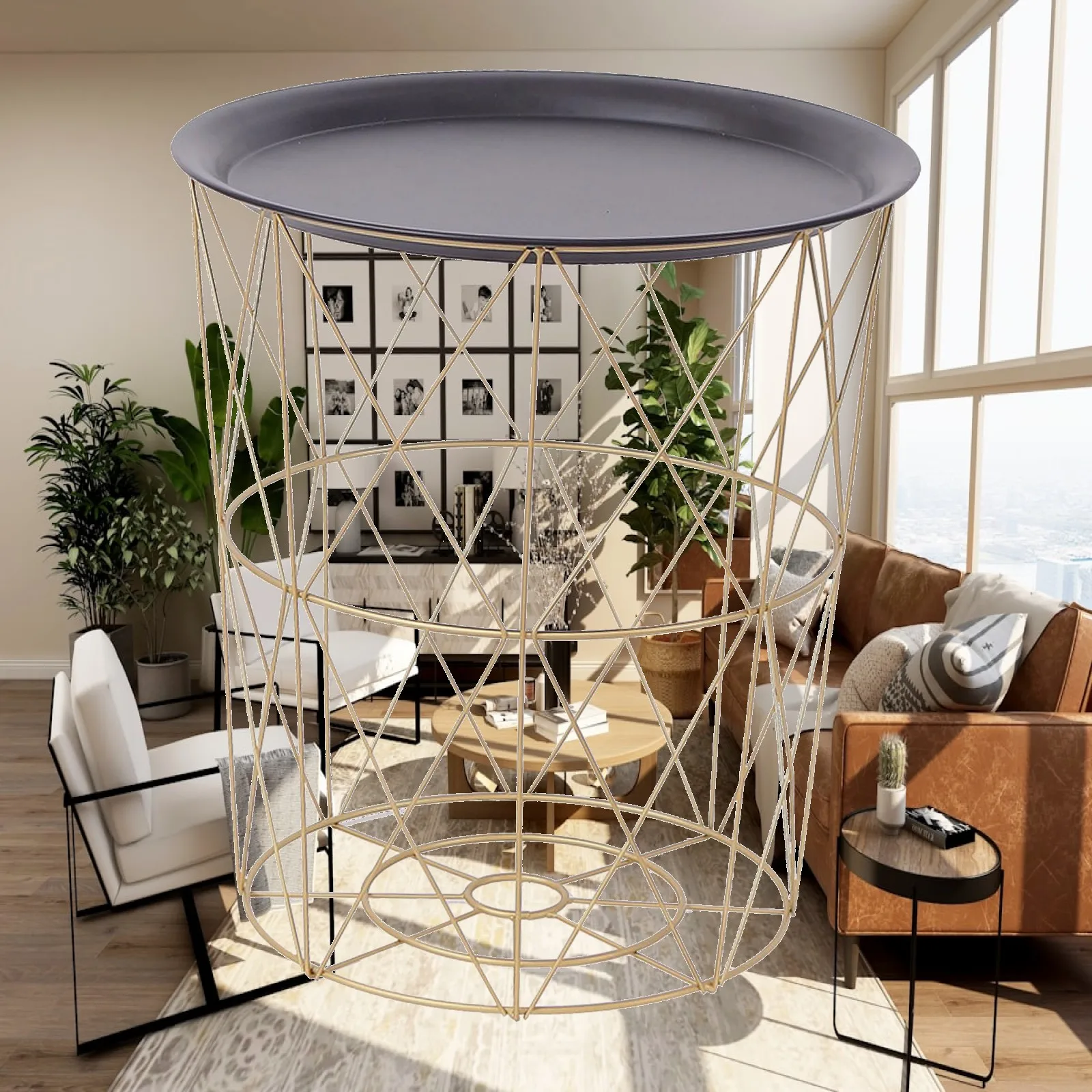 Design Modern Side End Table, Hollow Out Design Storage, Removable Top, Rustic,