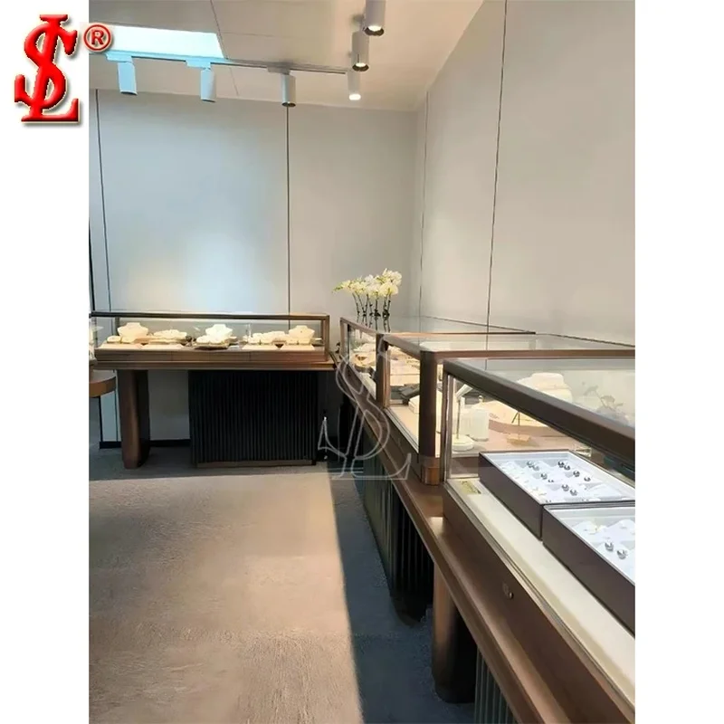 custom.Luxury Black Metal Jewelry Display Table with Modern Glass Showcase LED Lighting Lockable Drawer Boutique Retail