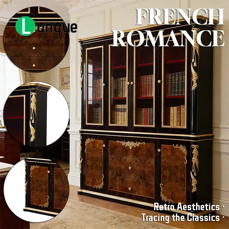 Luxury Court Style Royal Wood Grain Glass Bookcase Presidential Office Book Storage Cabinet Elegant Design Large Capacity